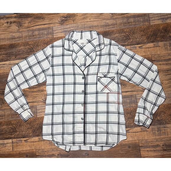 XS UGG Women’s White Black Plaid‎ Button Up Pajama Top - Picture 1 of 6
